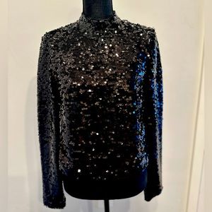 NWOT H&M Black Sequin Front Mock Neck Long Sleeve Satin back Blouse Top size 4